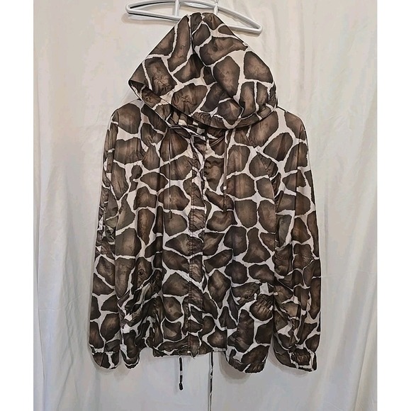 Zenergy By Chicos Brown Giraffe Print Light Hooded‎ Jacket Zip Front SZ 2=L - Picture 3 of 15